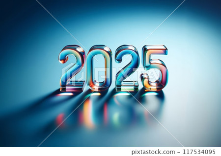 Generated image the numbers 2025 made of colorful transparent clear glass on a blue background, front view, low angle shot, minimalist style 117534095