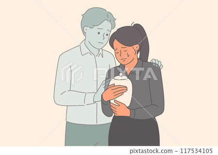Widow woman mourns death of husband and holds urn with ashes, feeling support of deceased spouse 117534105
