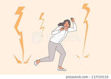 Business woman afraid lightning and runs around in panic, needing lessons on how to deal with fears Business woman afraid lightning and runs around in panic, needing lessons on how to deal with fears 117534110