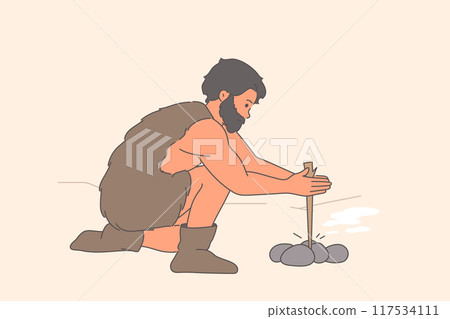 Primitive man makes fire using tree branch and stones in process of evolutionary development Primitive man makes fire using tree branch and stones in process of evolutionary development 117534111