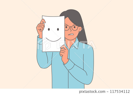 Hypocrisy and secrecy of business woman hiding real emotions behind mask of happy human 117534112