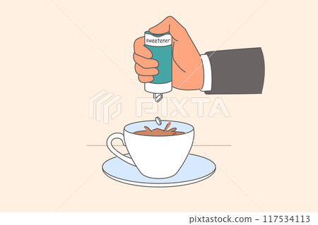 Person hand adds sweetener to coffee to make drink sweeter without use of sugar. 117534113