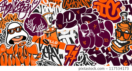 Trendy Abstract Urban Graffiti Style Sticker Bombing With Some Street Art Lettering Background 117534173