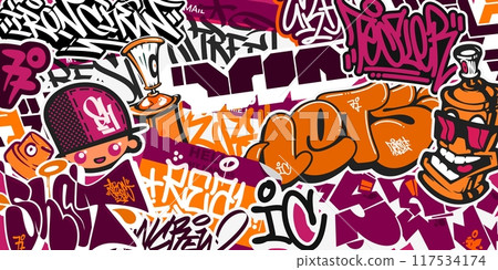 Cool Trendy Abstract Urban Graffiti Style Sticker Bombing With Some Street Art Lettering Background 117534174