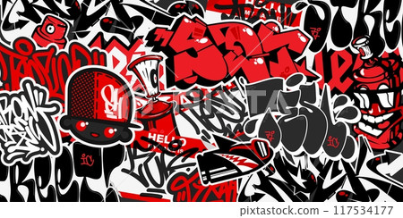 Trendy Abstract Urban Graffiti Style Sticker Bombing With Some Street Art Lettering Background Trendy Abstract Urban Graffiti Style Sticker Bombing With Some Street Art Lettering Background 117534177