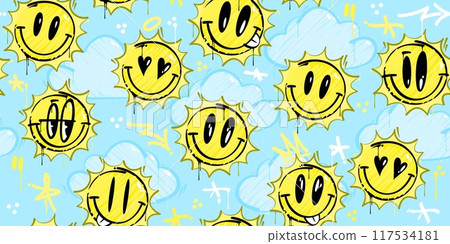 Funny Abstract Graffiti Style Happy Smiling Suns On the Sky With Some Clouds Seamless Background Funny Abstract Graffiti Style Happy Smiling Suns On the Sky With Some Clouds Seamless Background 117534181