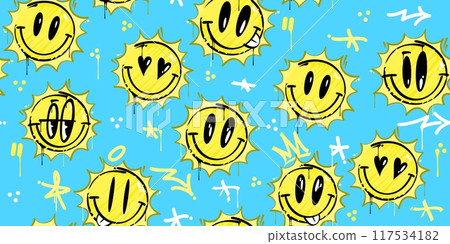 Trendy Abstract Graffiti Style Happy Smiling Suns On the Sky Seamless Background Template 117534182