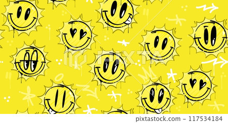 Yellow Trendy Abstract Graffiti Style Happy Smiling Suns On the Sky Seamless Background Template 117534184