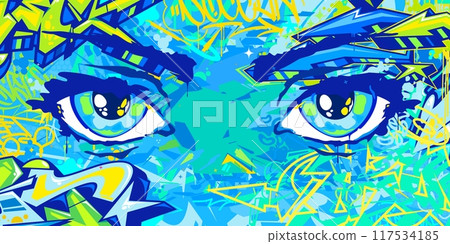 Trendy Abstract Urban Futuristic Street Art Graffiti Style Background With Big Eyes Illustration 117534185