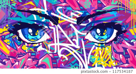 Modern Abstract Urban Futuristic Street Art Graffiti Style Background With Big Eyes Illustration 117534187