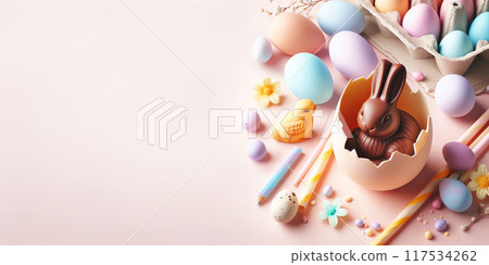 Chocolate bunny nestled inside pastel eggshell, Easter treat, 117534262
