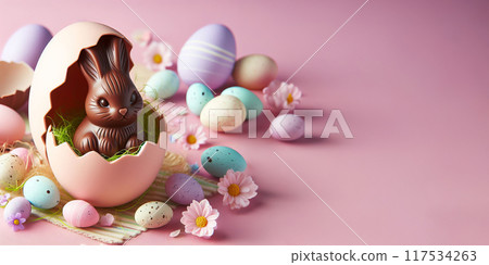 Chocolate bunny nestled inside a pastel-colored eggshell, delightful and festive Easter composition 117534263