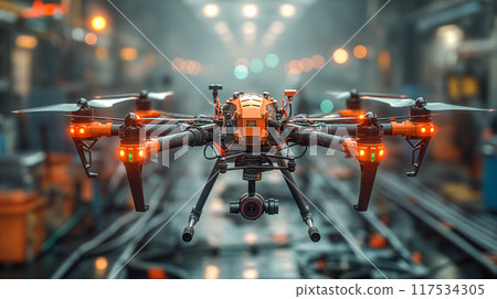 Industrial Drone Operating in Warehouse, Detailed Inspections of Machinery, Equipment. Generative AI Industrial Drone Operating in Warehouse, Detailed Inspections of Machinery, Equipment. Generative AI 117534305
