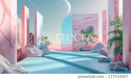 Surreal desert tropical landscape for product presentation background. Generative AI 117534307
