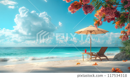 Relaxing beach with sun umbrella, lounge chair, tropical flowers, vacation background. Generative AI Relaxing beach with sun umbrella, lounge chair, tropical flowers, vacation background. Generative AI 117534318