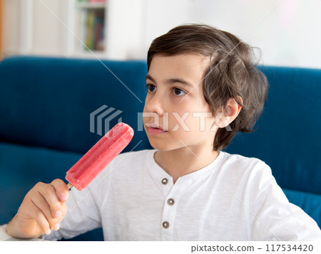Boy holding red popsicle indoors 117534420
