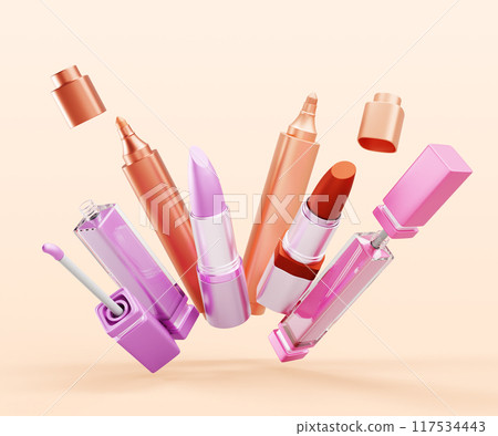 3d flying makeup products, beauty cosmetics explosion render mockup banner. Luxury promo poster with red lipstick, pink liquid lip gloss tube, nude lip stain tint on beige background. 3D illustration 3d flying makeup products, beauty cosmetics explosion render mockup banner. Luxury promo poster with red lipstick, pink liquid lip gloss tube, nude lip stain tint on beige background. 3D illustration 117534443