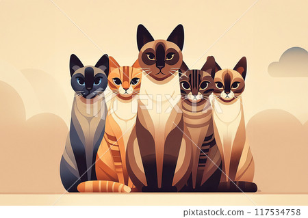 Five uniquely styled cats sitting together, Siamese, tabby, orange, brown striped, and cream-colored. Five uniquely styled cats sitting together, Siamese, tabby, orange, brown striped, and cream-colored. 117534758