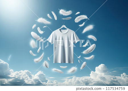White t-shirt floats against serene blue sky, surrounded by light feathers, adding purity, cleanliness concepts, 117534759