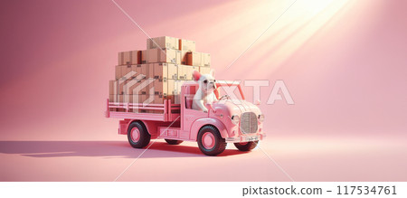 Dog carries packages on pink truck in cute delivery scene, 117534761