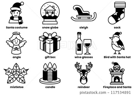 A collection of Christmas icons including Santa, snow globe, sleigh, reindeer 117534891