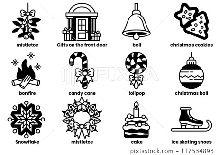The image is a collection of Christmas-themed icons, including a bell, a wreath 117534893