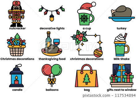 The image is a collection of Christmas decorations and food items 117534894