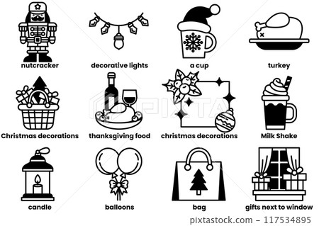 The image is a collection of Christmas decorations and food items 117534895
