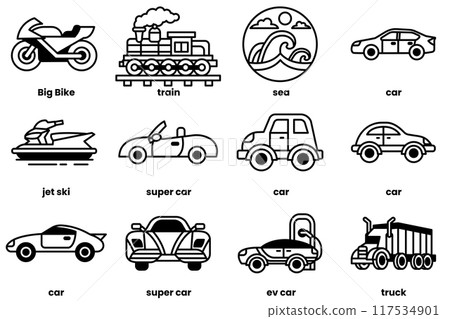 A collection of car and vehicle icons, including a jet ski, a train, a boat A collection of car and vehicle icons, including a jet ski, a train, a boat 117534901