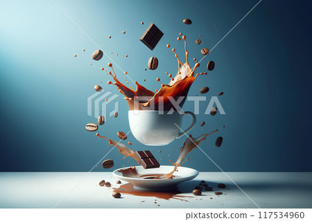 Dynamic surreal coffee scene with white cup and splashing coffee defying gravity. Floating coffee beans and chocolate pieces. 117534960