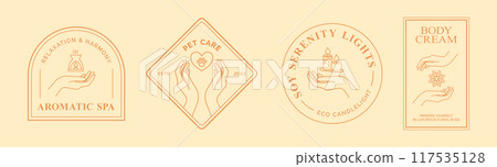 Female Hand with Pet Care Heart Sign and Candles Logo Template Thin Line Icon Set. Vector 117535128