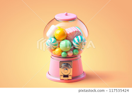 Colorful gumball machine filled with an assortment of items. Inside clear dome Colorful gumball machine filled with an assortment of items. Inside clear dome 117535424