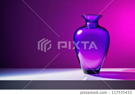 Radiant purple vase atop table. Conceptual art pushes boundaries with translucent glossy plastic elements. Striking 3D neon artwork 117535433