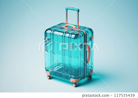 Clear plastic luggage piece stands upright on a clear background. Its transparent glass 117535439