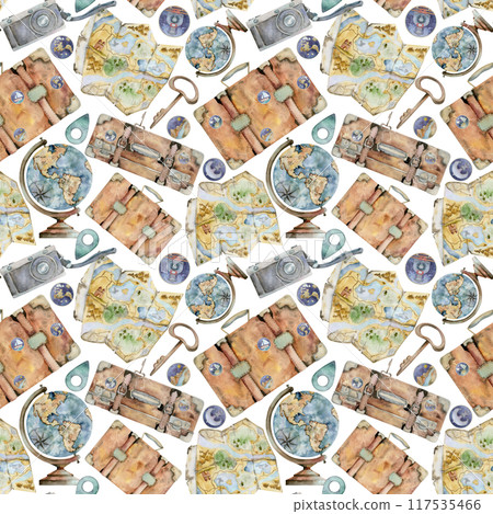 Suitcases luggage with stickers icons pins, old photo camera, globe and map. Watercolor hand drawn art. Seamless pattern. Design for tourism, travel, brochure, wedding, guide, print, card, tattoo. 117535466