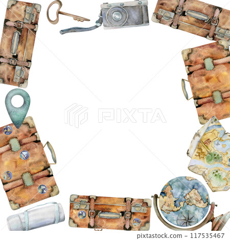 Old vintage suitcases with stickers and pins, photo camera, map, flask. Watercolor hand drawn illustration. Square frame. Design for tourism, travel brochure, booklet, wedding guide, print, card. 117535467