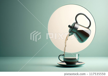 3D render of glass coffee pot mid-pour into cup against pale green backdrop with large circular shape 117535550