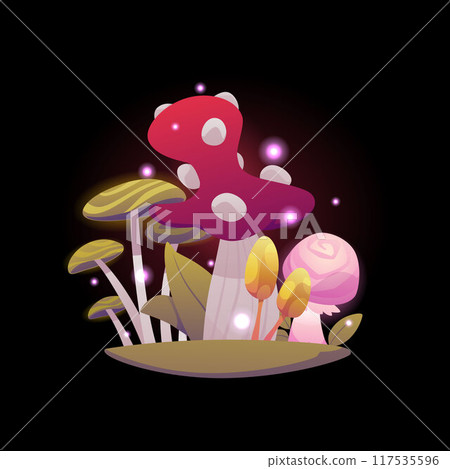 Glowing fantasy alien mushrooms group, vector cartoon magic unusual fungi fly agaric, toadstool, fantastic game fungus 117535596