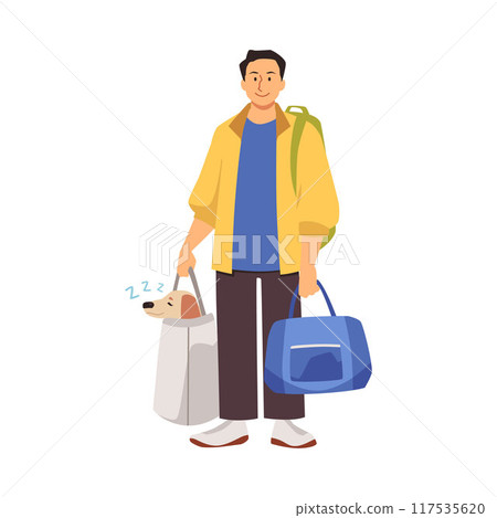 Man with a bag in which a dog sleeps. Traveling with a pet. 117535620