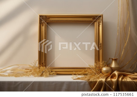 The empty picture frame is adorned with intricate golden silk threads, adding a touch of elegance and sophistication to the otherwise blank canvas. The empty picture frame is adorned with intricate golden silk threads, adding a touch of elegance and sophistication to the otherwise blank canvas. 117535661