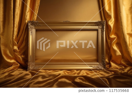 The empty picture frame is adorned with intricate golden silk threads, adding a touch of elegance and sophistication to the otherwise blank canvas. 117535668