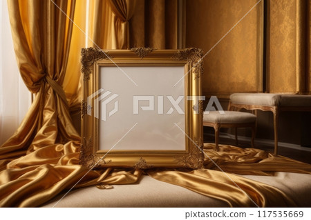 The empty picture frame is adorned with intricate golden silk threads, adding a touch of elegance and sophistication to the otherwise blank canvas. The empty picture frame is adorned with intricate golden silk threads, adding a touch of elegance and sophistication to the otherwise blank canvas. 117535669