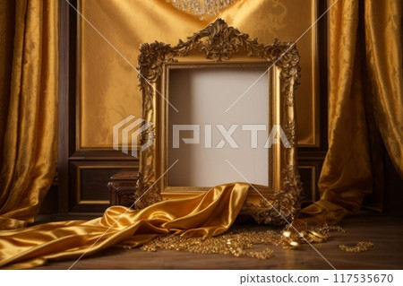 The empty picture frame is adorned with intricate golden silk threads, adding a touch of elegance and sophistication to the otherwise blank canvas. 117535670