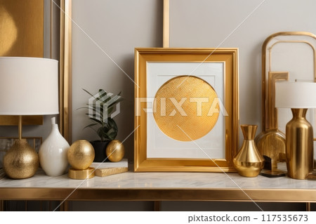 The empty picture frame is adorned with intricate golden silk threads, adding a touch of elegance and sophistication to the otherwise blank canvas. The empty picture frame is adorned with intricate golden silk threads, adding a touch of elegance and sophistication to the otherwise blank canvas. 117535673