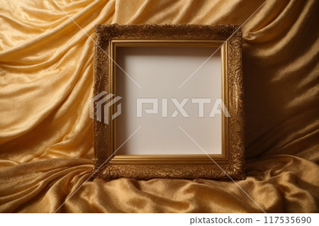 The empty picture frame is adorned with intricate golden silk threads, adding a touch of elegance and sophistication to the otherwise blank canvas. The empty picture frame is adorned with intricate golden silk threads, adding a touch of elegance and sophistication to the otherwise blank canvas. 117535690