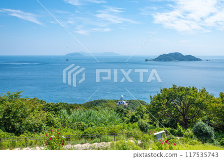 夏季的東洋海峽和關崎燈塔 夏季的東洋海峽和關崎燈塔 117535743