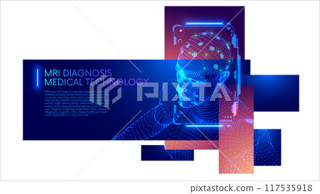 MRI, eeg or radiology tomography diagnosis medical science concept illustration. Electrodes sensor on head man patient. Scanner make Computer neurology medical exam of Brain. Brain medicine concept. 117535918