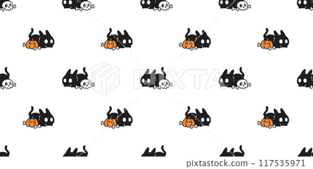 cat seamless pattern halloween pumpkin skull bone cartoon black kitten calico doodle pet tile background gift wrapping paper repeat wallpaper illustration 117535971