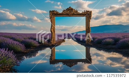 against the background of a blue sky, a lavender field, in the middle of the field there is a large frame 117535972