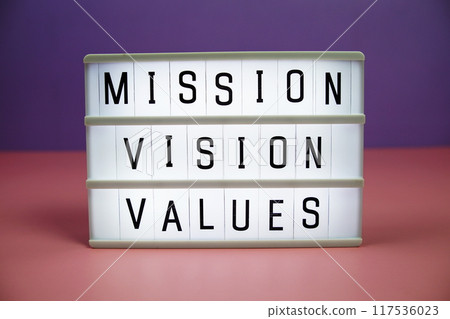 Mission Vision Values letterboard text on LED Lightbox on pink and purple background 117536023
